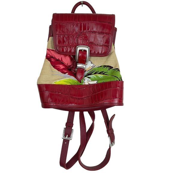 Vintage Brighton Monica Backpack Red Embossed Leather Fabric Leaf Design main image 4